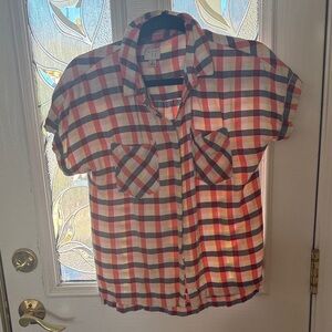 Checked Short-Sleeve Shirt for women-orange, peach, yellow, and navy Plaid